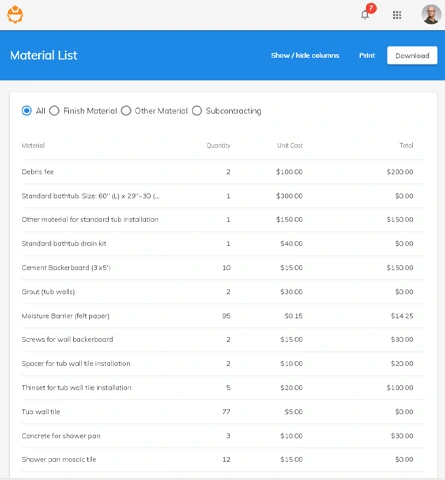 Material list for estimate software